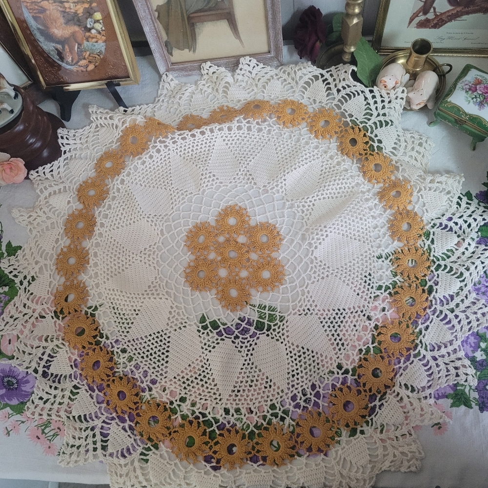 Vintage Crochet Lace Doily with Orange Floral Design Large